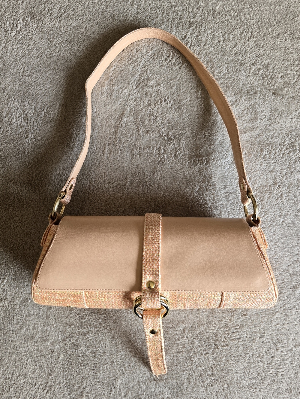 Stuart Weitzman Peach Tweed & Leather Barrel Shaped Shoulder Bag